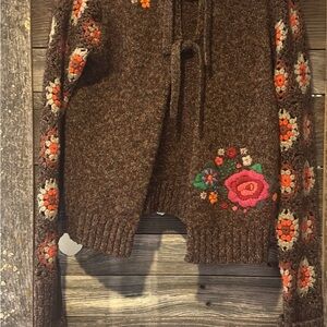 Anthropologie/Oilily Floral Embroidered Brown Sweater